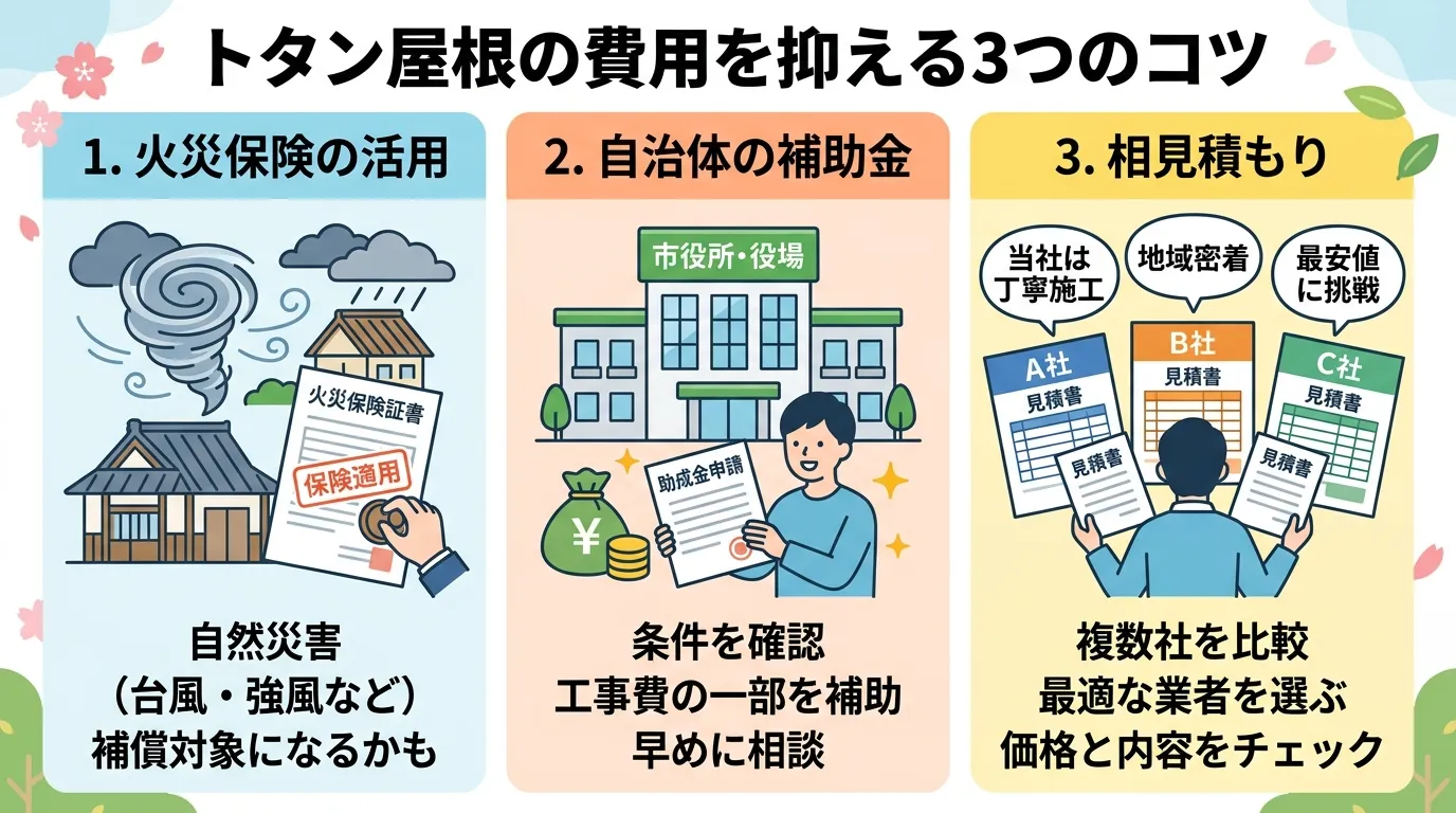 現代日本をベースに、日本人や日本の風景を使用すること, 「トタン屋根の費用を抑える3つのコツ」というタイトルのインフォグラフィック。明るい色調のフラットデザイン。左に「火災保険の活用」として台風と保険