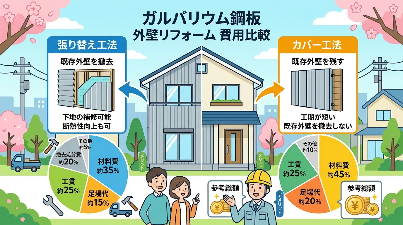 現代日本をベースに、日本人や日本の風景を使用すること, ガルバリウム鋼板外壁リフォーム費用をテーマにしたインフォグラフィック。中央に住宅のイラストを配置し、左に「張り替え工法」、右に「カバー工法」を並