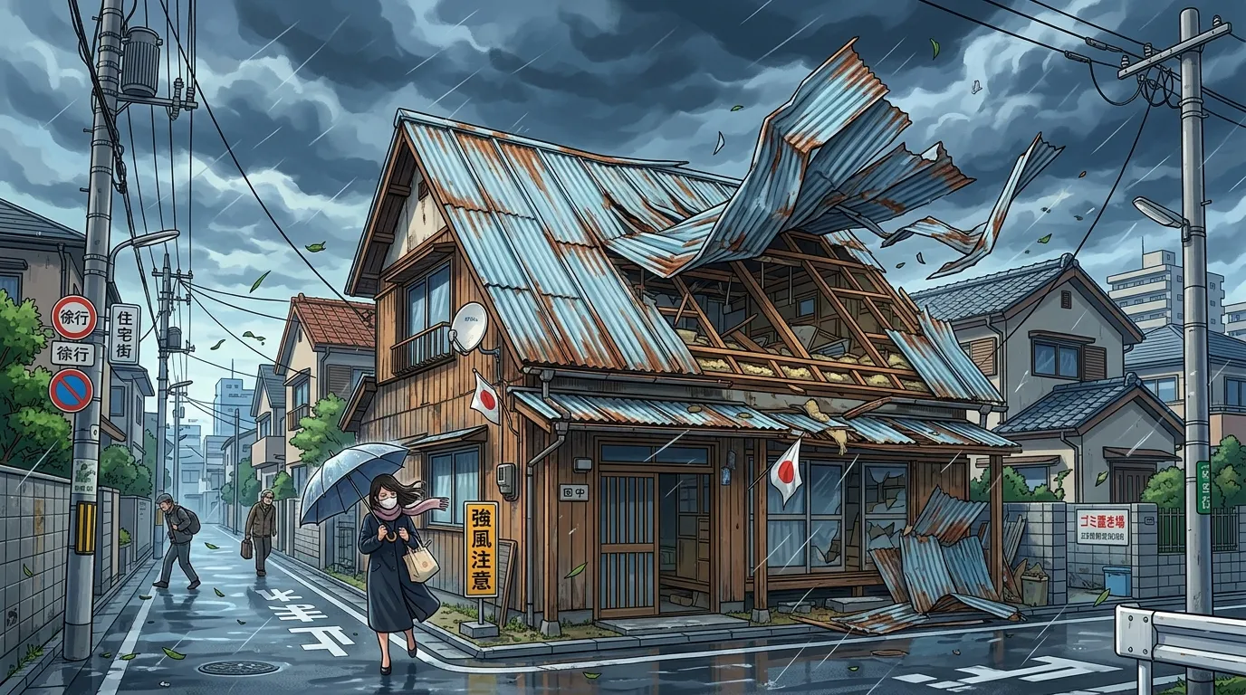 強風で一部がめくれ上がり、変形しているトタン屋根の写真]