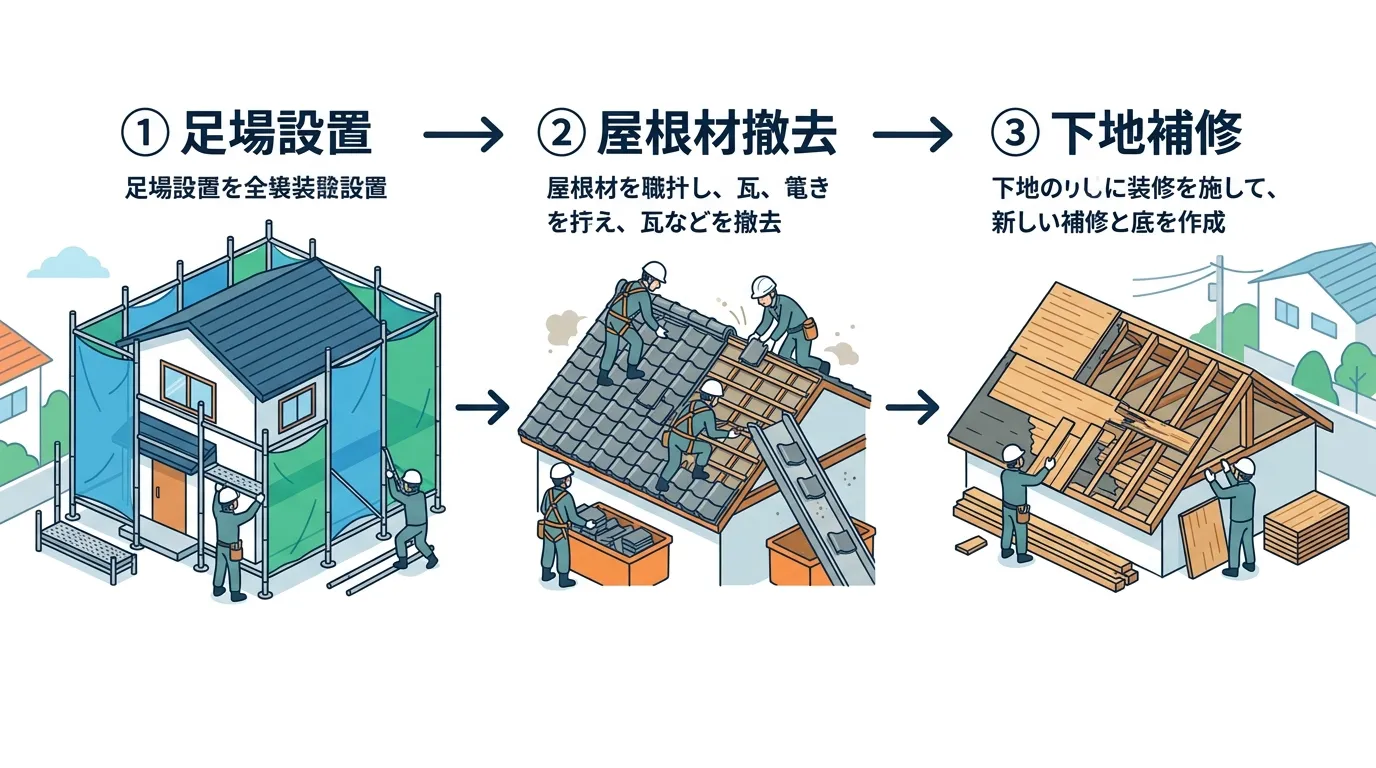 現代日本をベースに、日本人や日本の風景を使用すること, 「屋根の葺き替え工事」の3つの工程を説明するインフォグラフィック。白背景にフラットデザインのデジタルイラストで、ステップ1から3を矢印で繋いだフ