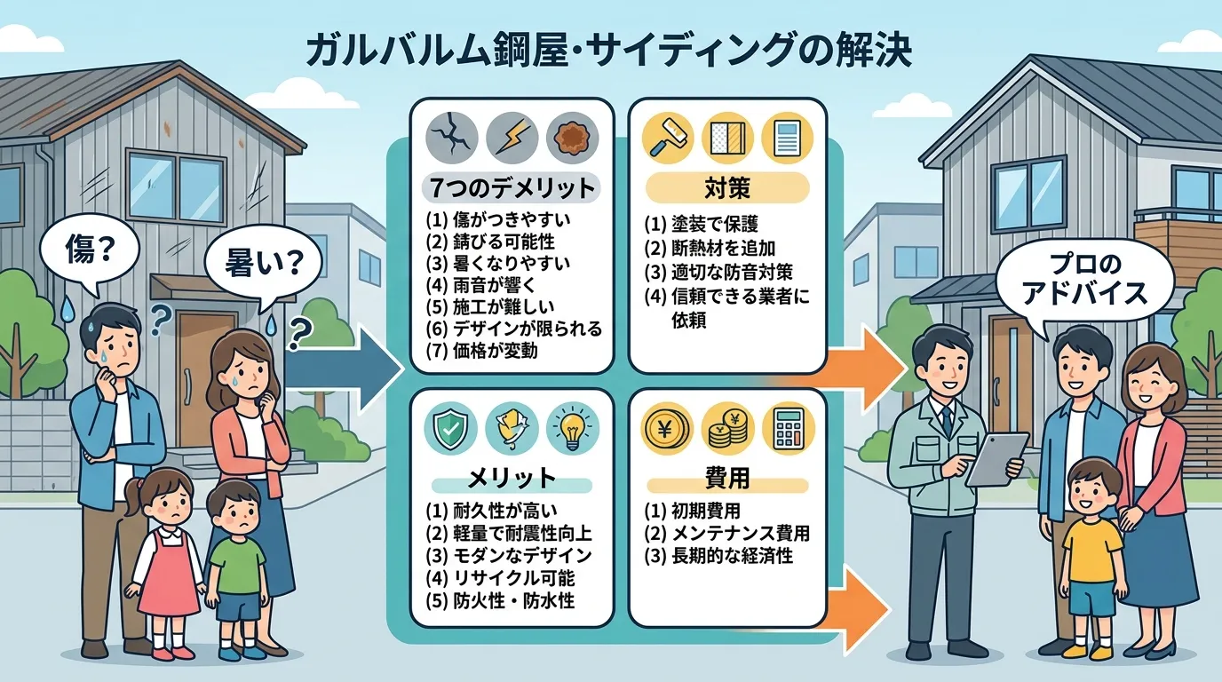 現代日本をベースに、日本人や日本の風景を使用すること, ガルバリウム鋼板の外壁をテーマにしたインフォグラフィック。左に「傷?」「暑い?」と悩む家族、中央に「7つのデメリット」「対策」「メリット」「費用
