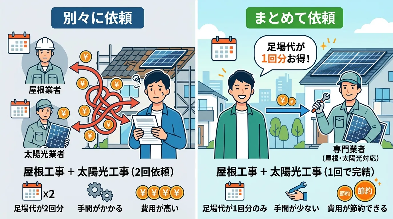 現代日本をベースに、日本人や日本の風景を使用すること, インフォグラフィック、比較図。屋根葺き替えとソーラーパネル工事の依頼方法を比較する図解。明るいデジタルイラスト、フラットデザイン。画面を左右に分