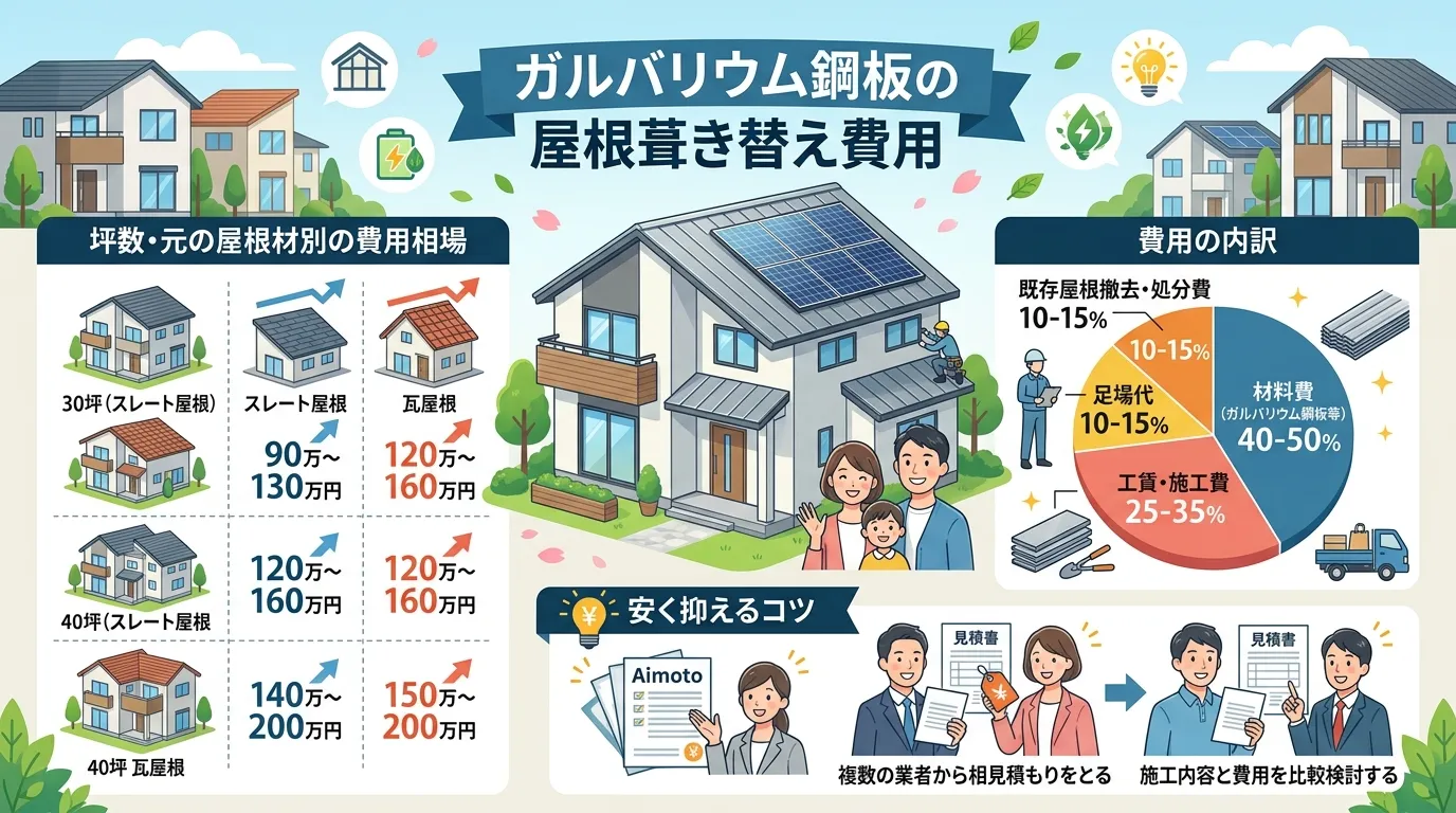 現代日本をベースに、日本人や日本の風景を使用すること, 「ガルバリウム鋼板の屋根葺き替え費用」を解説するインフォグラフィック。中央にタイトルと家のイラストを配置。左側には「坪数・元の屋根材別の費用相場