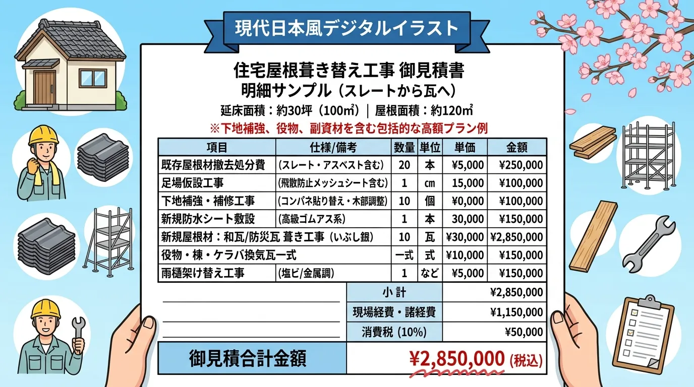 延床面積30坪の住宅で、既存のスレート屋根から「瓦」に葺き替える場合の見積もり明細サンプル画像。下地補強費用なども含んだ、より高額な見積もり例。]