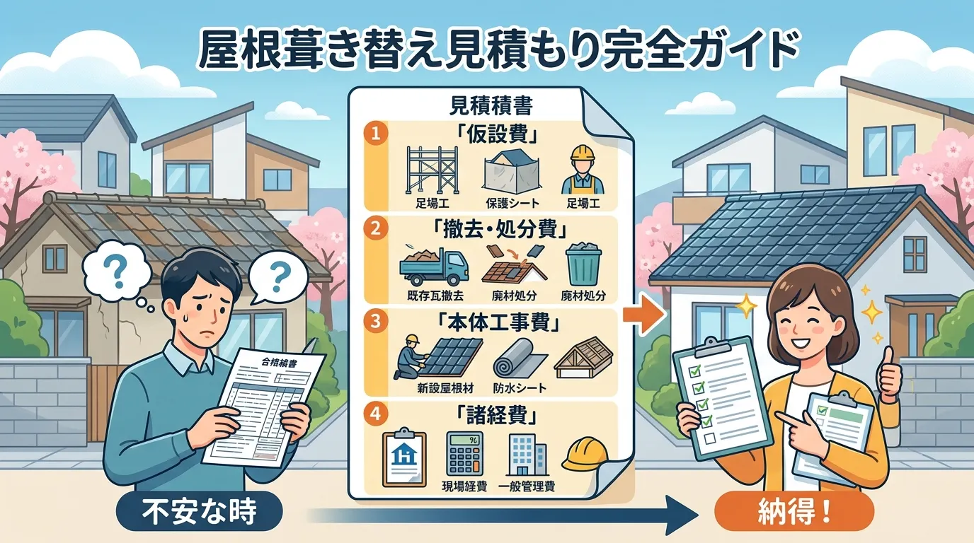 現代日本をベースに、日本人や日本の風景を使用すること, 「屋根葺き替え見積もり完全ガイド」というタイトルのインフォグラフィック。中央に、見積書が「仮設費」「撤去・処分費」「本体工事費」「諸経費」の4項