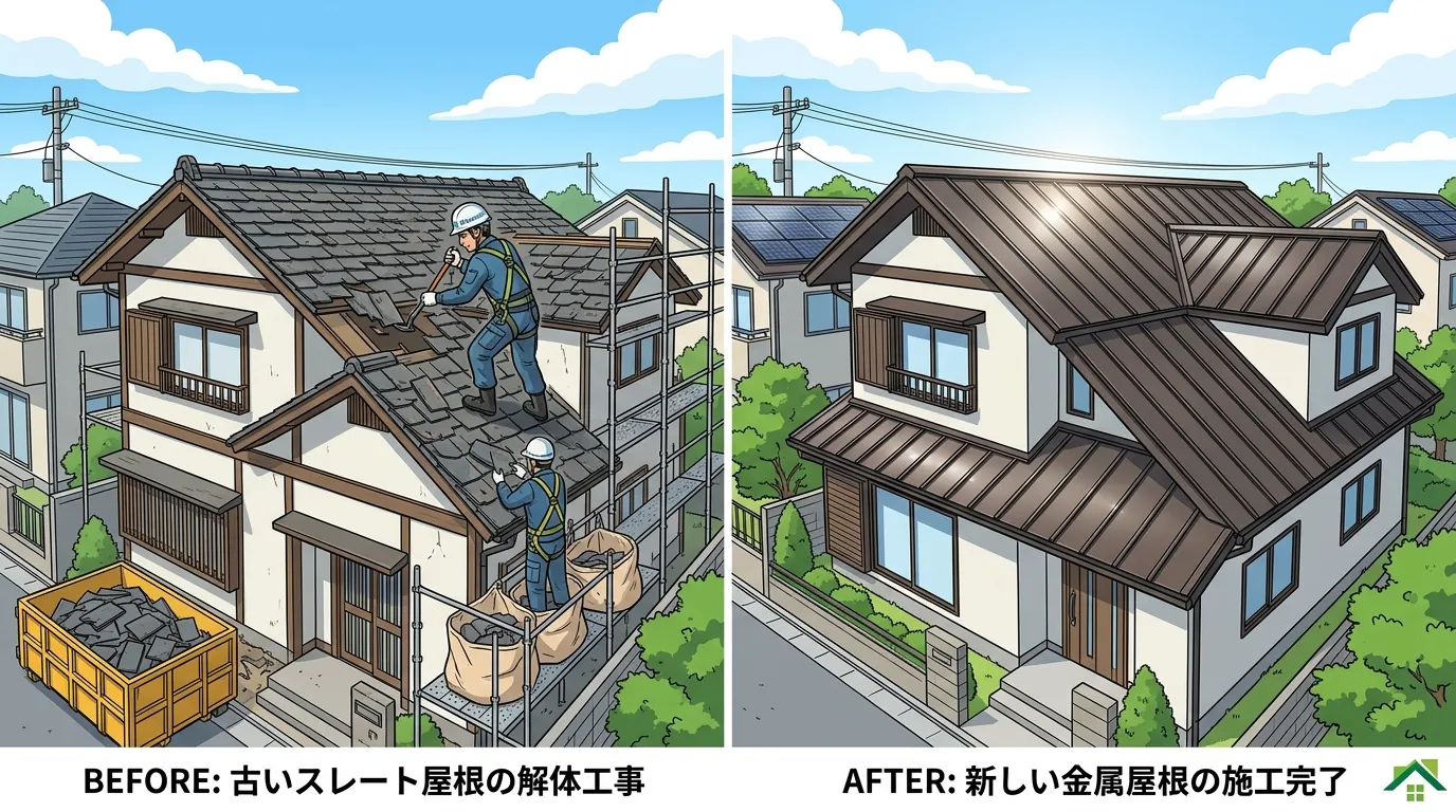 スレート屋根の葺き替え工事で、古い屋根材を剥がしている最中の写真と、新しい金属屋根が葺き終わった後の写真のビフォーアフター]