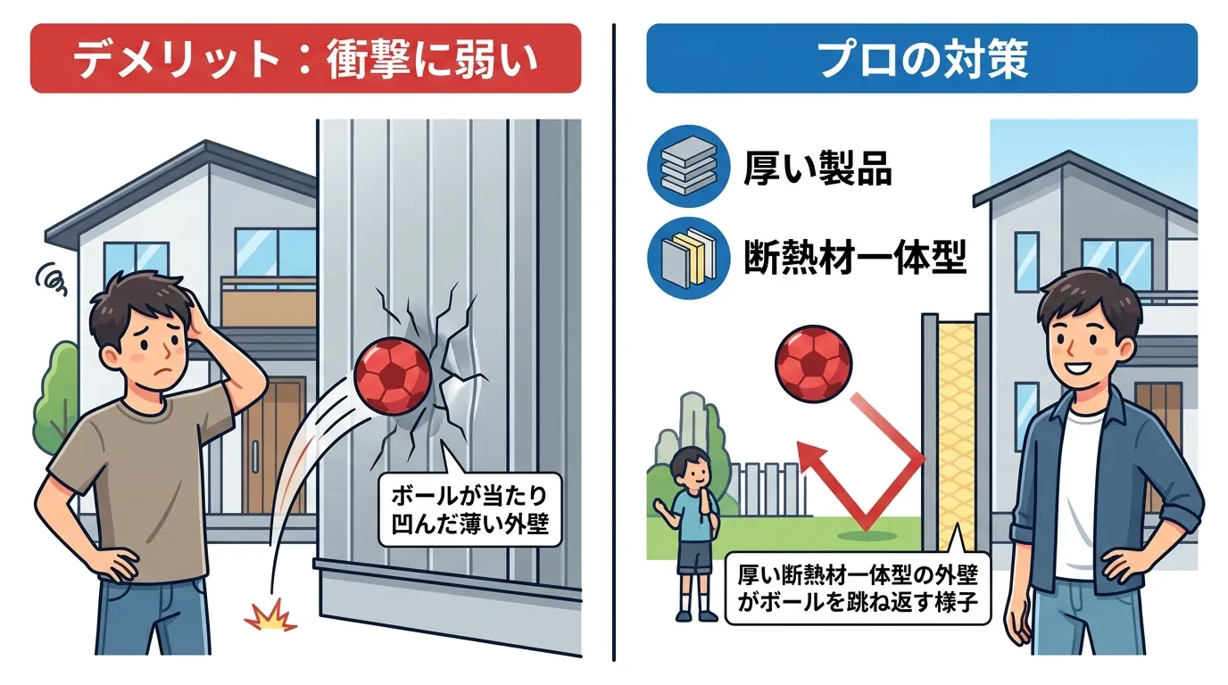 現代日本をベースに、日本人や日本の風景を使用すること, ガルバリウム鋼板の弱点と対策を比較するインフォグラフィック。画面を左右に分割し、左に「デメリット:衝撃に弱い」としてボールが当たり凹んだ薄い外壁