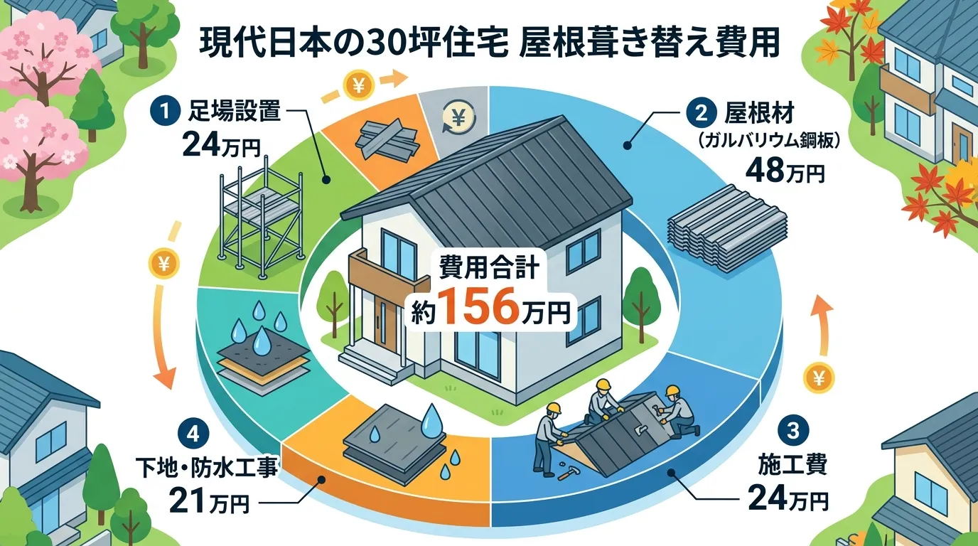 現代日本をベースに、日本人や日本の風景を使用すること, 「30坪住宅の屋根葺き替え費用」をテーマにしたインフォグラフィック。中央に「費用合計 約156万円」と書かれた家のイラストを配置。その周りを円グ