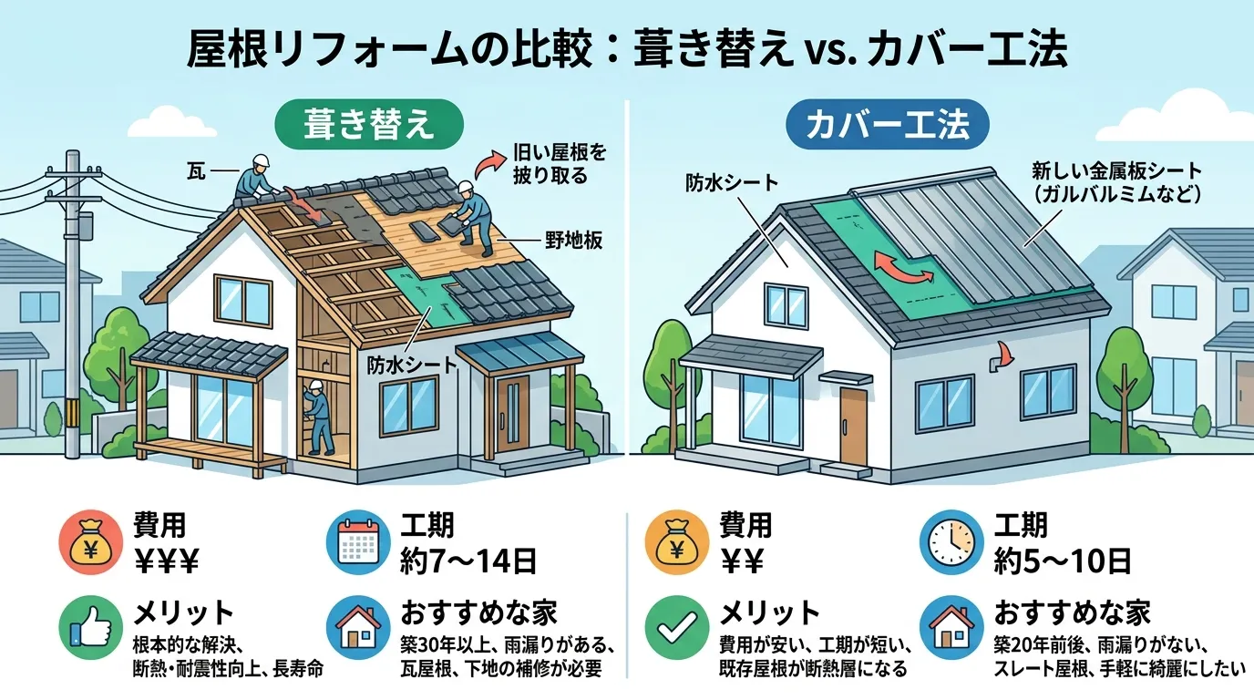 現代日本をベースに、日本人や日本の風景を使用すること, 屋根リフォームの「葺き替え」と「カバー工法」を比較するインフォグラフィック。画面を左右に分割し、左に「葺き替え」、右に「カバー工法」を配置。明る