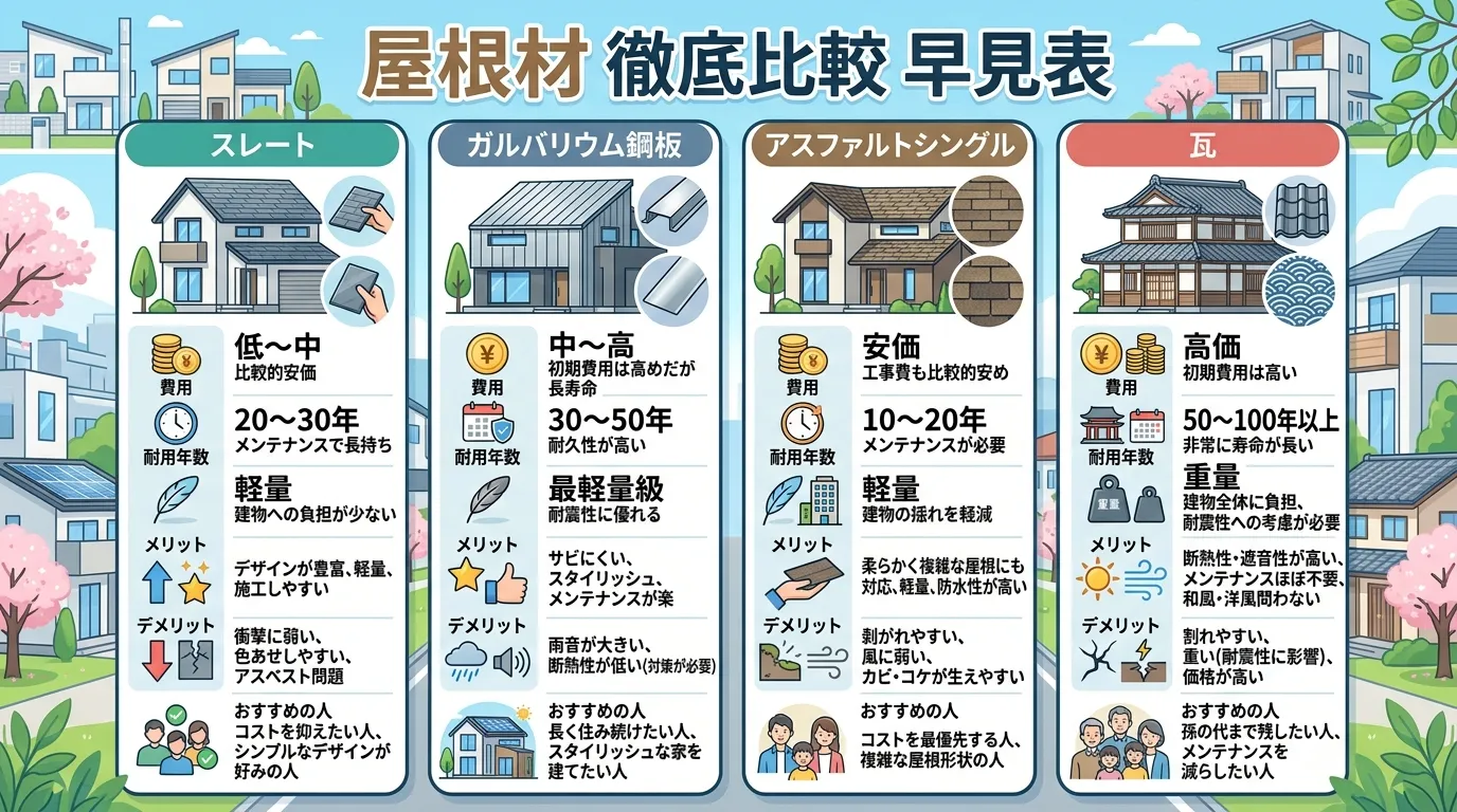 現代日本をベースに、日本人や日本の風景を使用すること, 人気の屋根材4種を比較するインフォグラフィック。タイトルは「屋根材 徹底比較 早見表」。スレート、ガルバリウム鋼板、アスファルトシングル、瓦を横