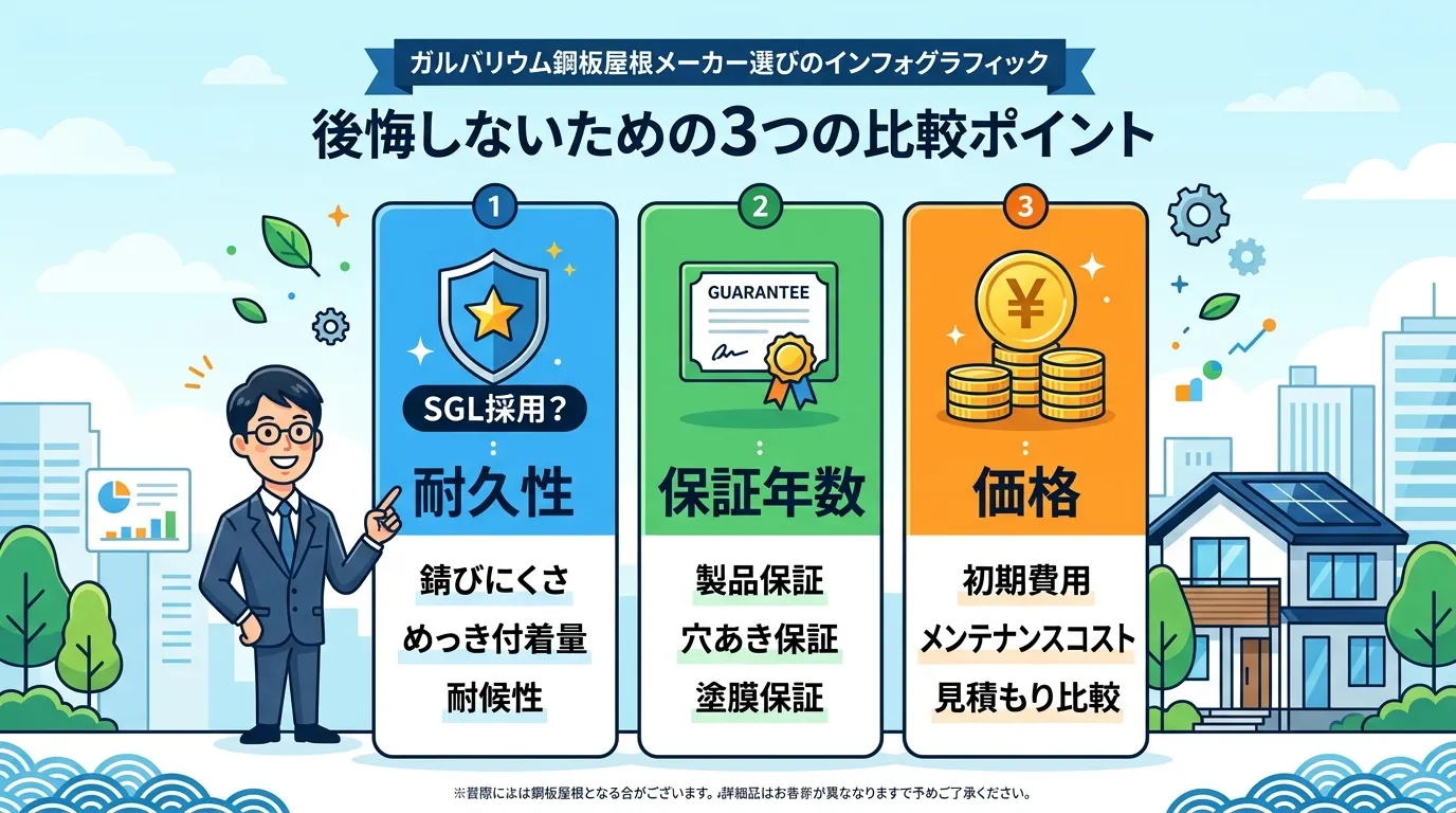 現代日本をベースに、日本人や日本の風景を使用すること, ガルバリウム鋼板屋根メーカー選びのインフォグラフィック。「後悔しないための3つの比較ポイント」というタイトルで、中央に「耐久性(SGL採用?)」