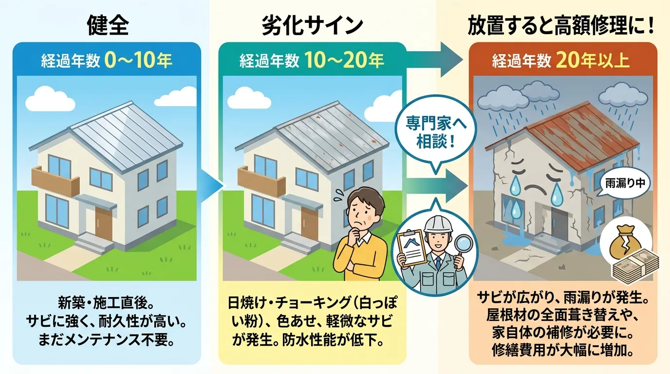 現代日本をベースに、日本人や日本の風景を使用すること, インフォグラフィック、フラットなデジタルイラスト。ガルバリウム鋼板屋根の劣化とメンテナンスの重要性を示す図解。左から右へ時間の流れを表す3コマの