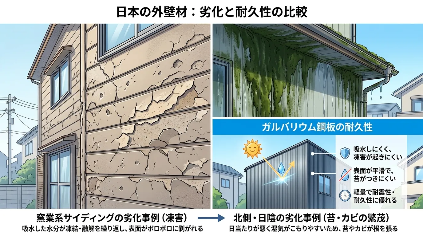 凍害によって表面がボロボロに剥がれてしまったサイディング外壁の写真と、北側の日陰で苔がびっしり生えてしまった外壁の写真を並べて表示し、ガルバリウム鋼板ではこうした劣化が起こりにくいことを視覚的に示す。