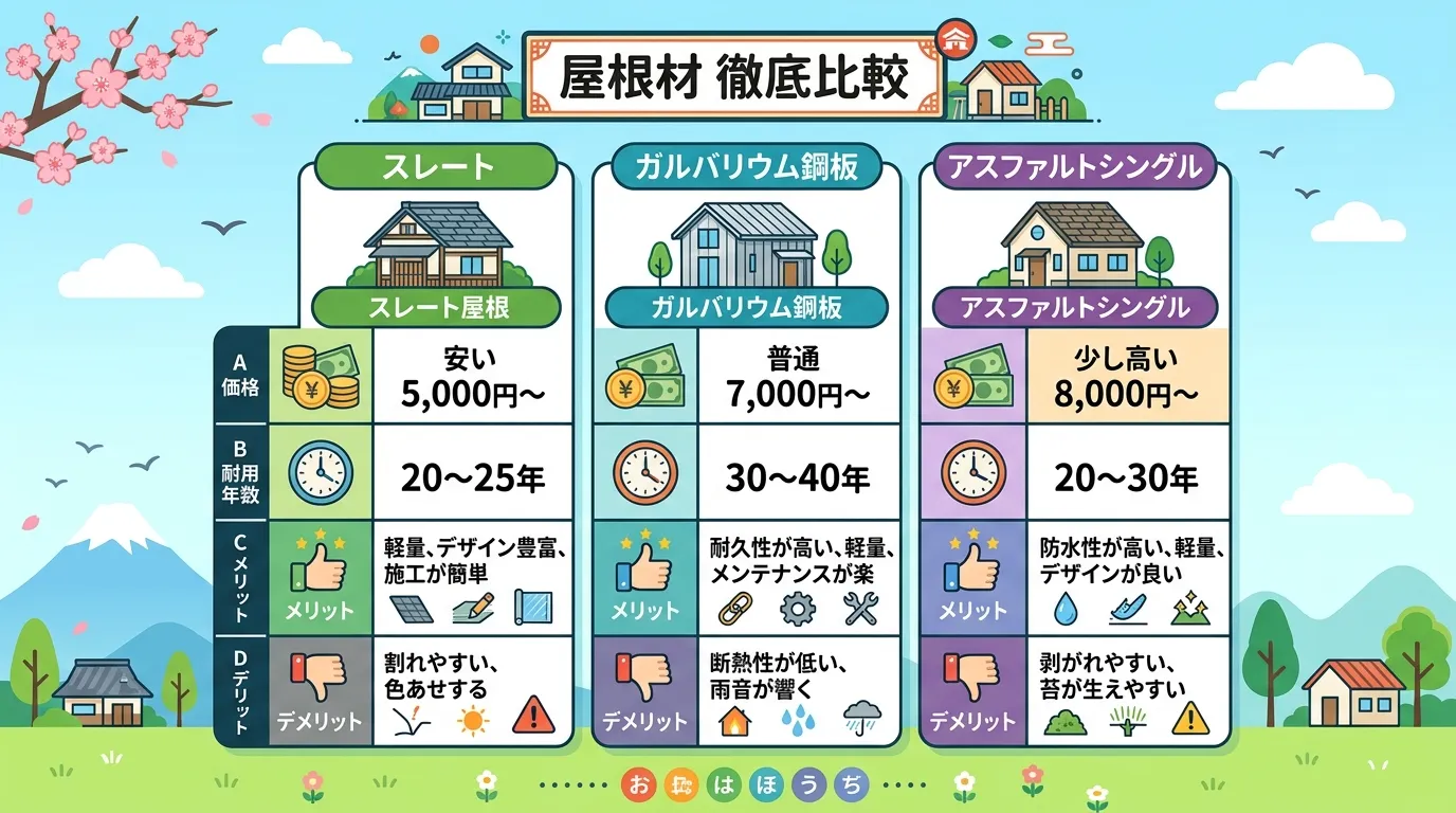 現代日本をベースに、日本人や日本の風景を使用すること, 「屋根材の選び方」をテーマにしたインフォグラフィック。フラットデザインのデジタルイラストで、清潔感のある明るい配色。中央に「屋根材 徹底比較」の