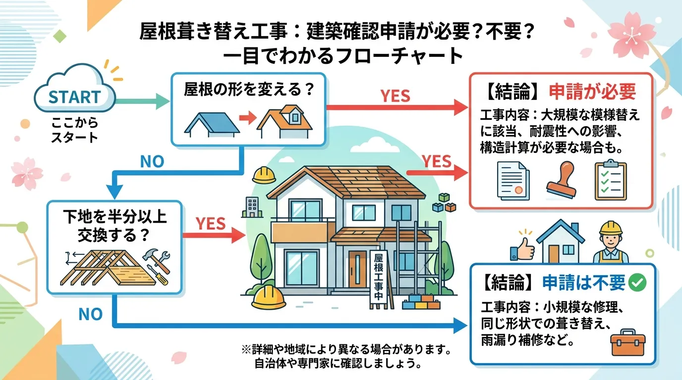 現代日本をベースに、日本人や日本の風景を使用すること, 屋根葺き替え工事で建築確認申請が必要か不要か、一目でわかるインフォグラフィック。フラットデザインのデジタルイラストで、フローチャート形式。「屋根