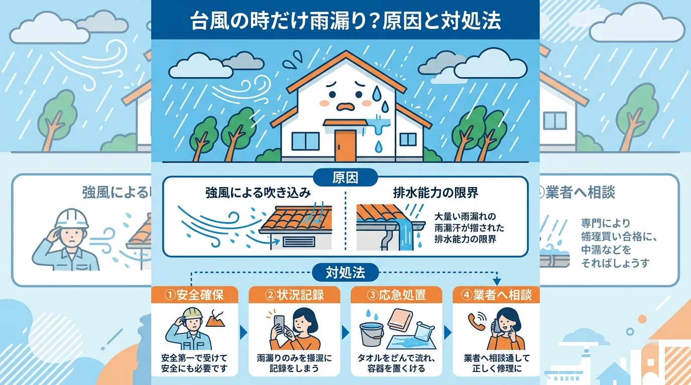 現代日本をベースに、日本人や日本の風景を使用すること, 「台風の時だけ雨漏り?原因と対処法」というタイトルのインフォグラフィック。4つのセクションで構成されたフロー図。上部には困った表情の家のイラスト