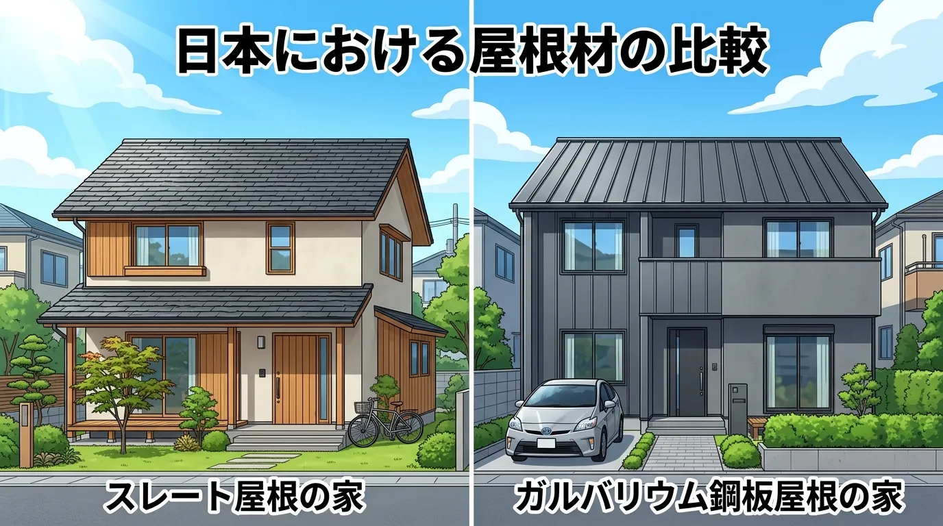 スレート屋根のモダンな住宅の外観写真と、ガルバリウム鋼板屋根のスタイリッシュな住宅の外観写真。2つのデザインの違いが視覚的にわかるように並べて表示する。]