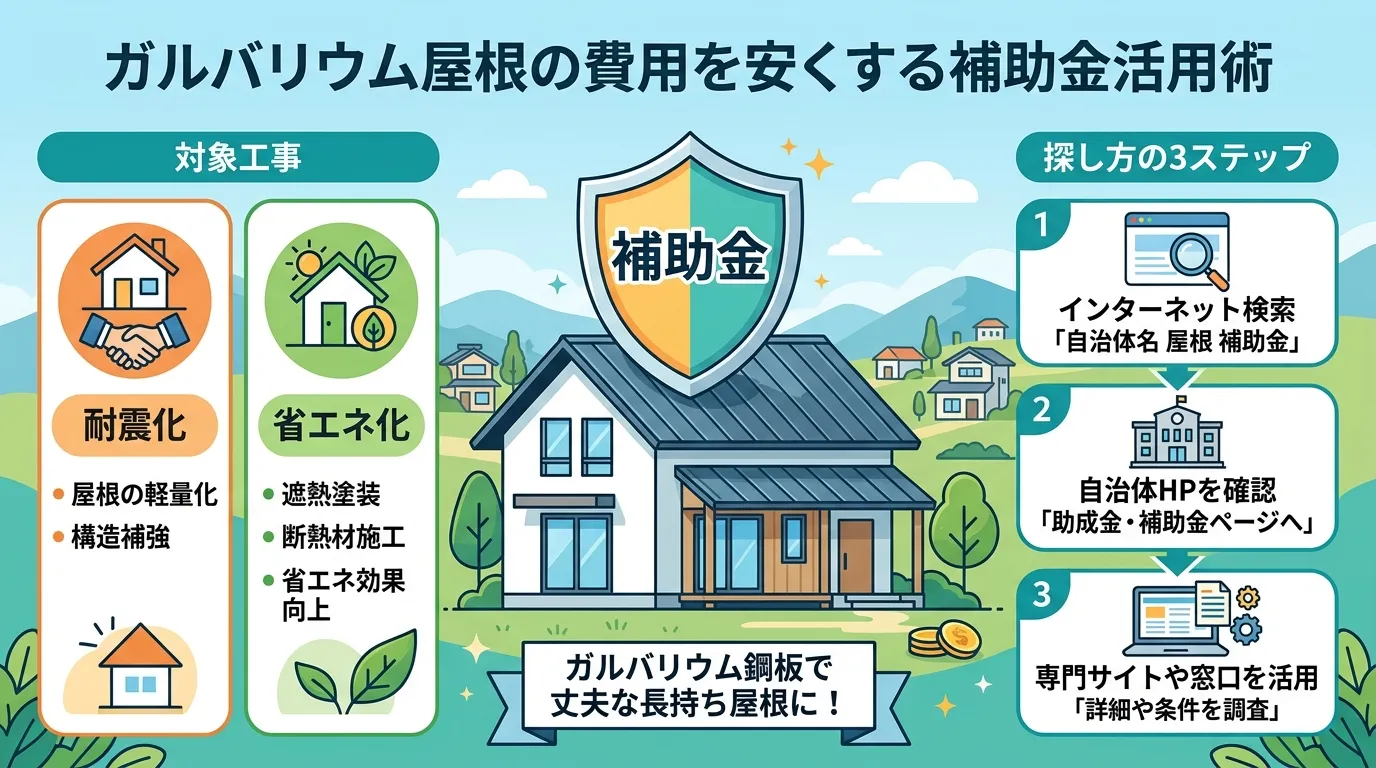 現代日本をベースに、日本人や日本の風景を使用すること, 「ガルバリウム屋根の費用を安くする補助金活用術」をテーマにしたインフォグラフィック。中央に家のイラストを配置し、屋根を守るように「補助金」と書か