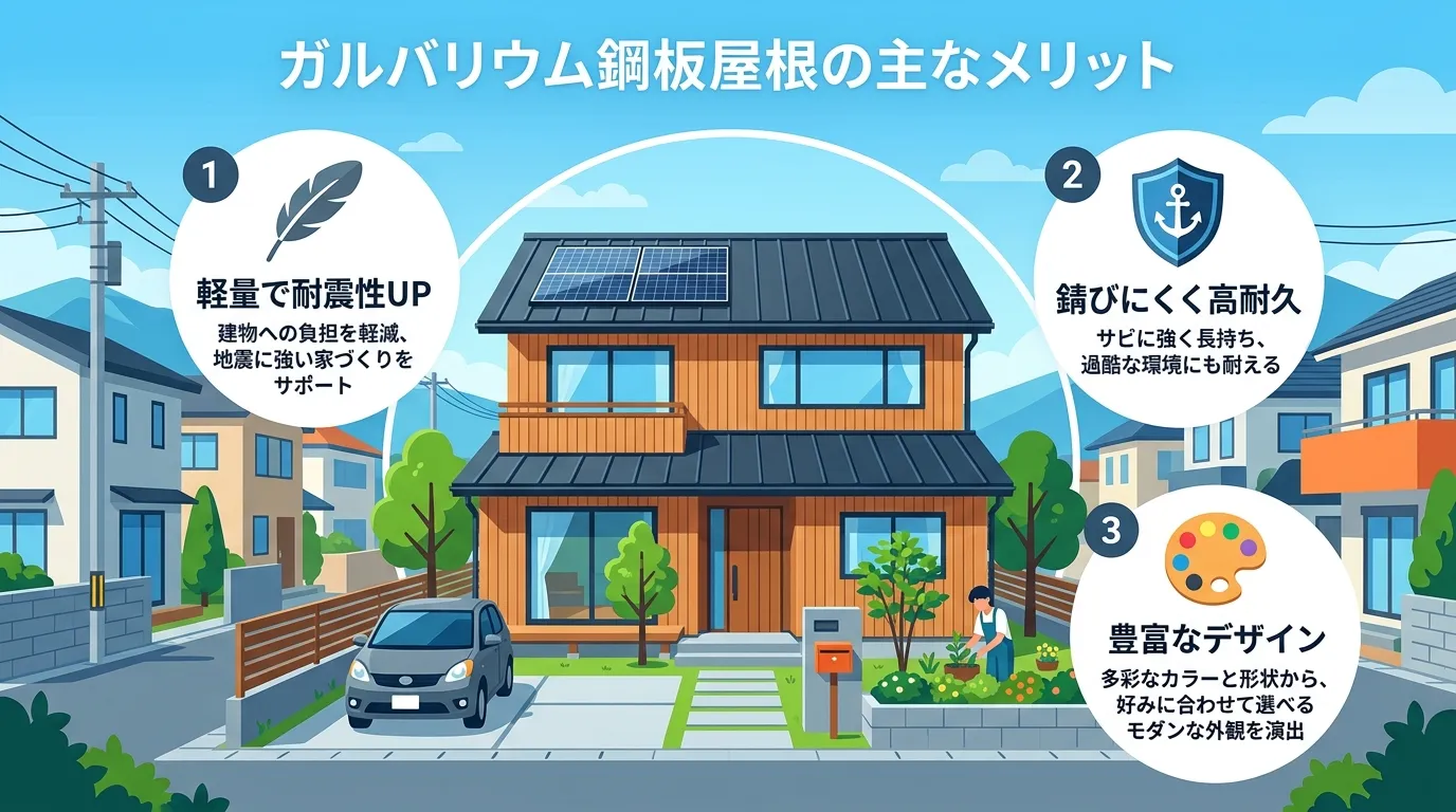 現代日本をベースに、日本人や日本の風景を使用すること, ガルバリウム鋼板屋根の主なメリットを解説するインフォグラフィック。中央にモダンな家のイラストを配置。その周りに「軽量で耐震性UP」（羽根のアイコ