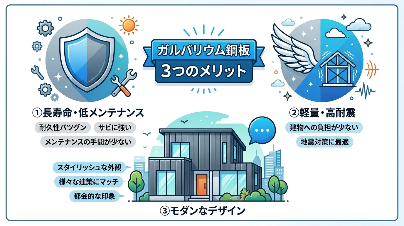 現代日本をベースに、日本人や日本の風景を使用すること, ガルバリウム鋼板の外壁のメリットを解説するインフォグラフィック。中央に「ガルバリウム鋼板 3つのメリット」というタイトル。その周りに「①長寿命・
