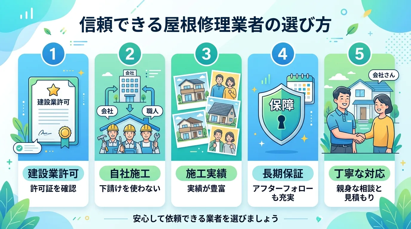 現代日本をベースに、日本人や日本の風景を使用すること, 「信頼できる屋根修理業者の選び方」というタイトルのインフォグラフィック。中央にタイトルを配置し、5つのチェックポイントをアイコンと日本語のキーワ