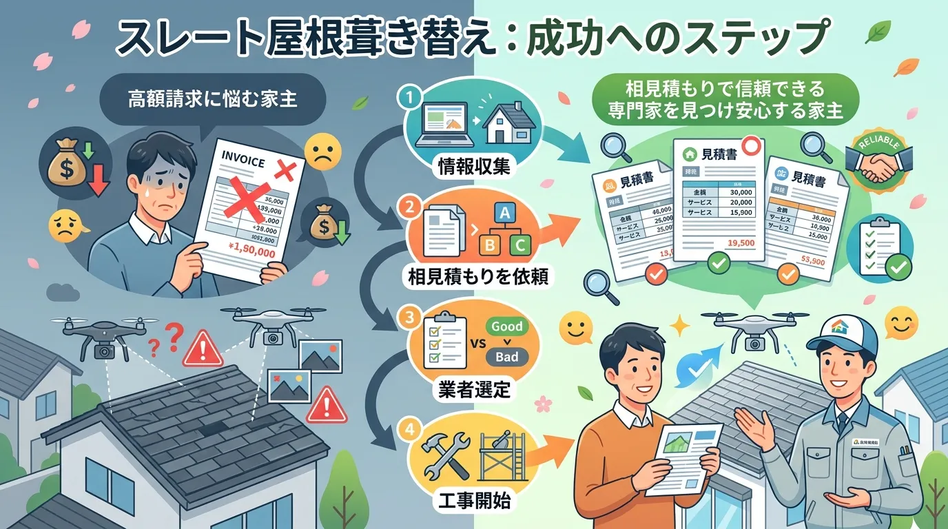 現代日本をベースに、日本人や日本の風景を使用すること, スレート屋根の葺き替えをテーマにしたインフォグラフィック。「成功へのステップ」というタイトルで、失敗例と成功例を対比させるステップ図。左側に「高