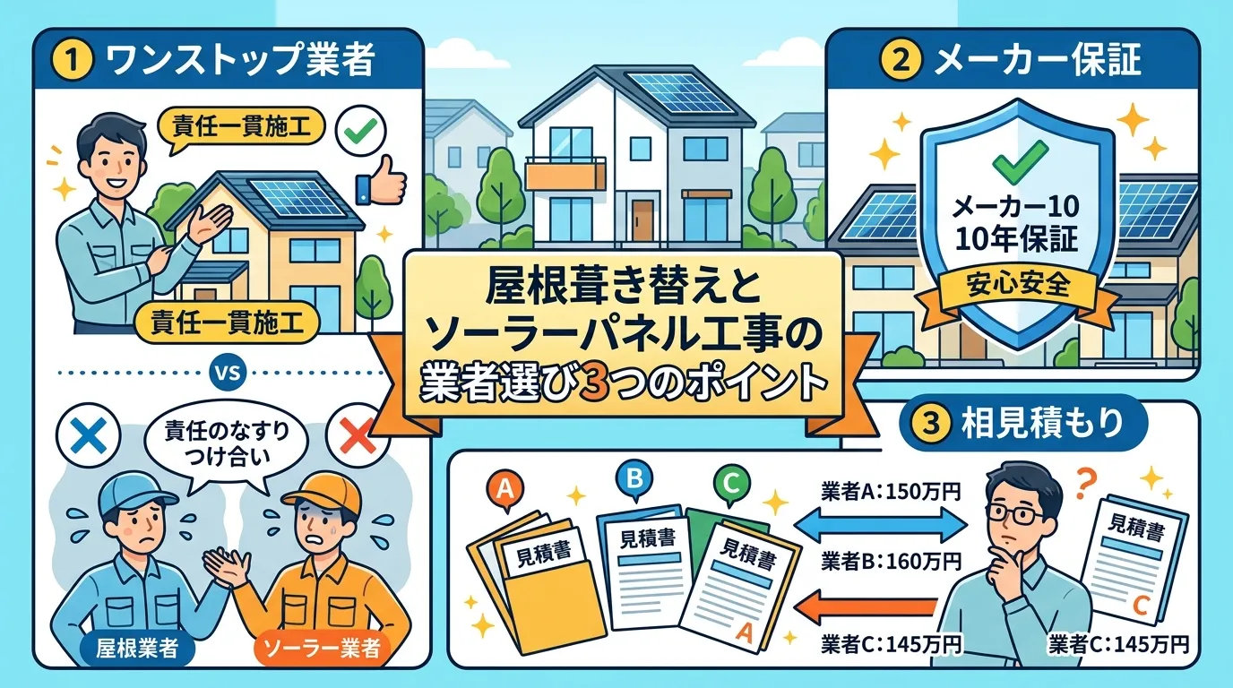 現代日本をベースに、日本人や日本の風景を使用すること, 「屋根葺き替えとソーラーパネル工事の業者選び3つのポイント」をテーマにしたインフォグラフィック。フラットデザインのデジタルイラストで、明るく分か