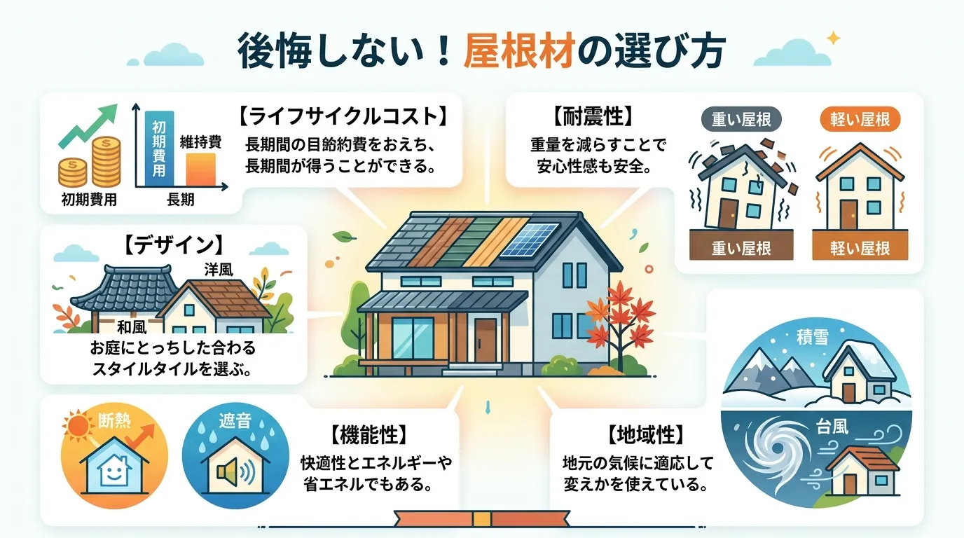 現代日本をベースに、日本人や日本の風景を使用すること, インフォグラフィックを作成。「後悔しない!屋根材の選び方」というタイトルで、中央に家のイラストを配置。その周りに5つの比較ポイントをアイコン付き