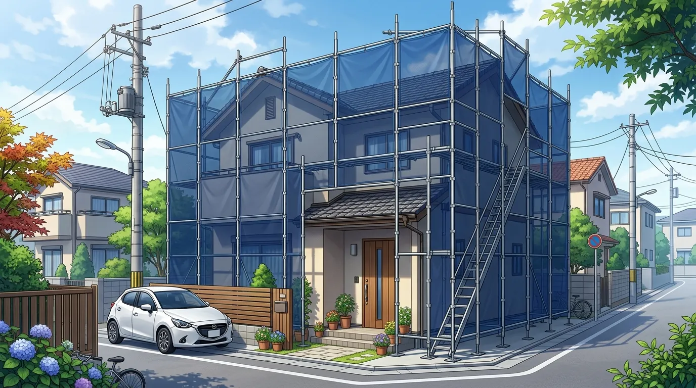 一般的な戸建て住宅に、ビケ足場とメッシュシートが綺麗に設置されている工事開始前の様子の写真。]