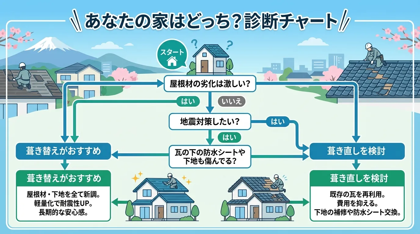 現代日本をベースに、日本人や日本の風景を使用すること, 屋根修理の「葺き替え」と「葺き直し」の選び方を解説するインフォグラフィック。中央に「あなたの家はどっち?診断チャート」という日本語タイトルを配置