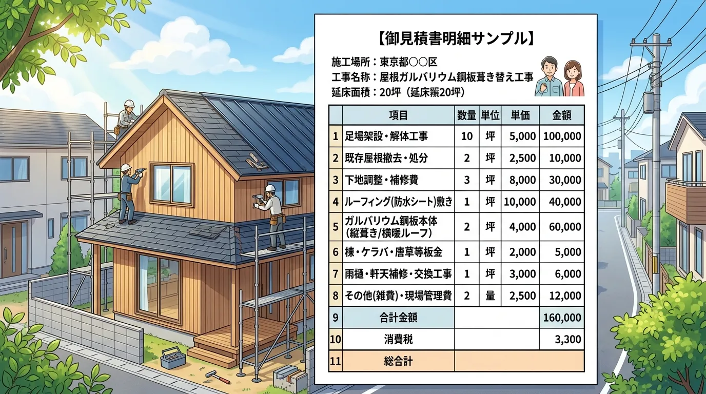 延床面積20坪の住宅でガルバリウム鋼板に葺き替える場合の見積もり明細サンプル画像。]