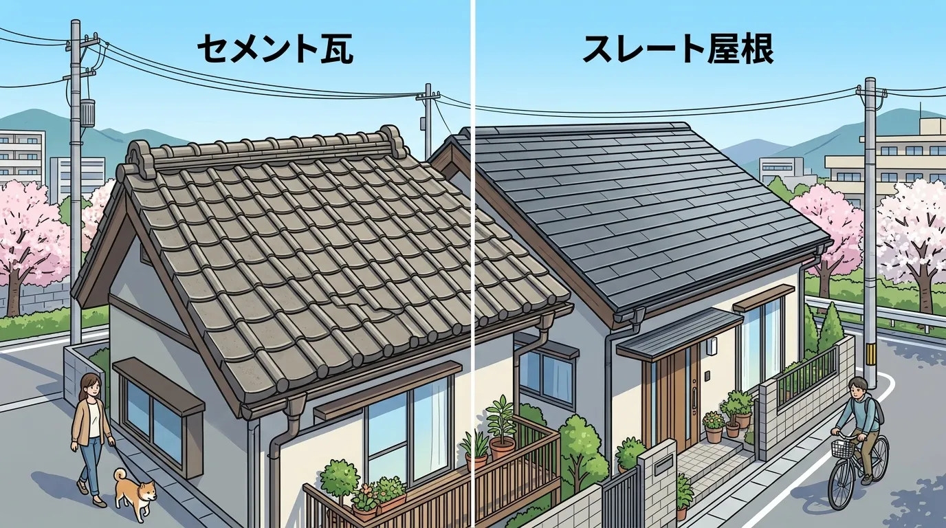典型的なセメント瓦とスレート屋根の写真。それぞれの特徴が分かるように見せる。]