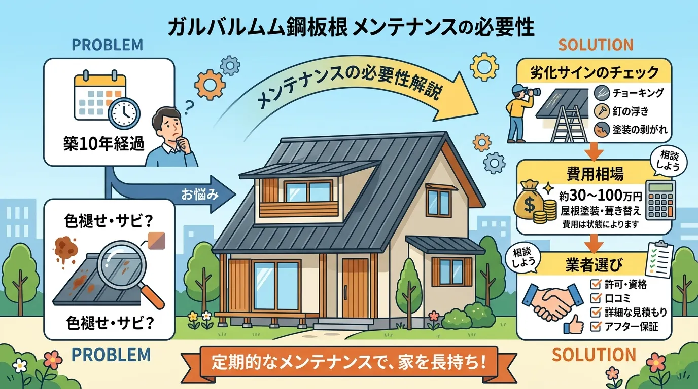 現代日本をベースに、日本人や日本の風景を使用すること, ガルバリウム鋼板屋根のメンテナンスの必要性を解説するインフォグラフィック。家のイラストを中心に、「築10年経過」「色褪せ・サビ？」という悩みのア