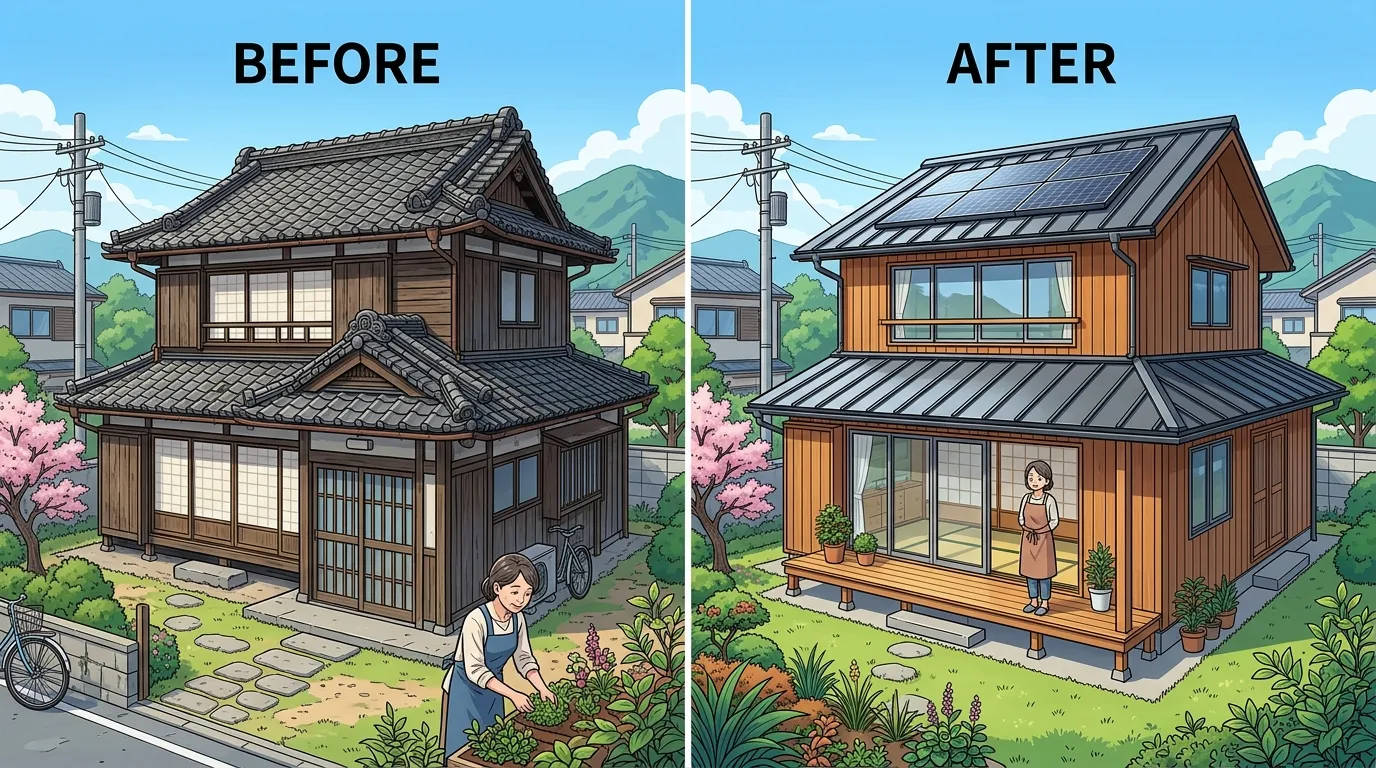 古風な和瓦の家が、モダンなデザインの金属屋根に生まれ変わった様子のビフォーアフター写真。]