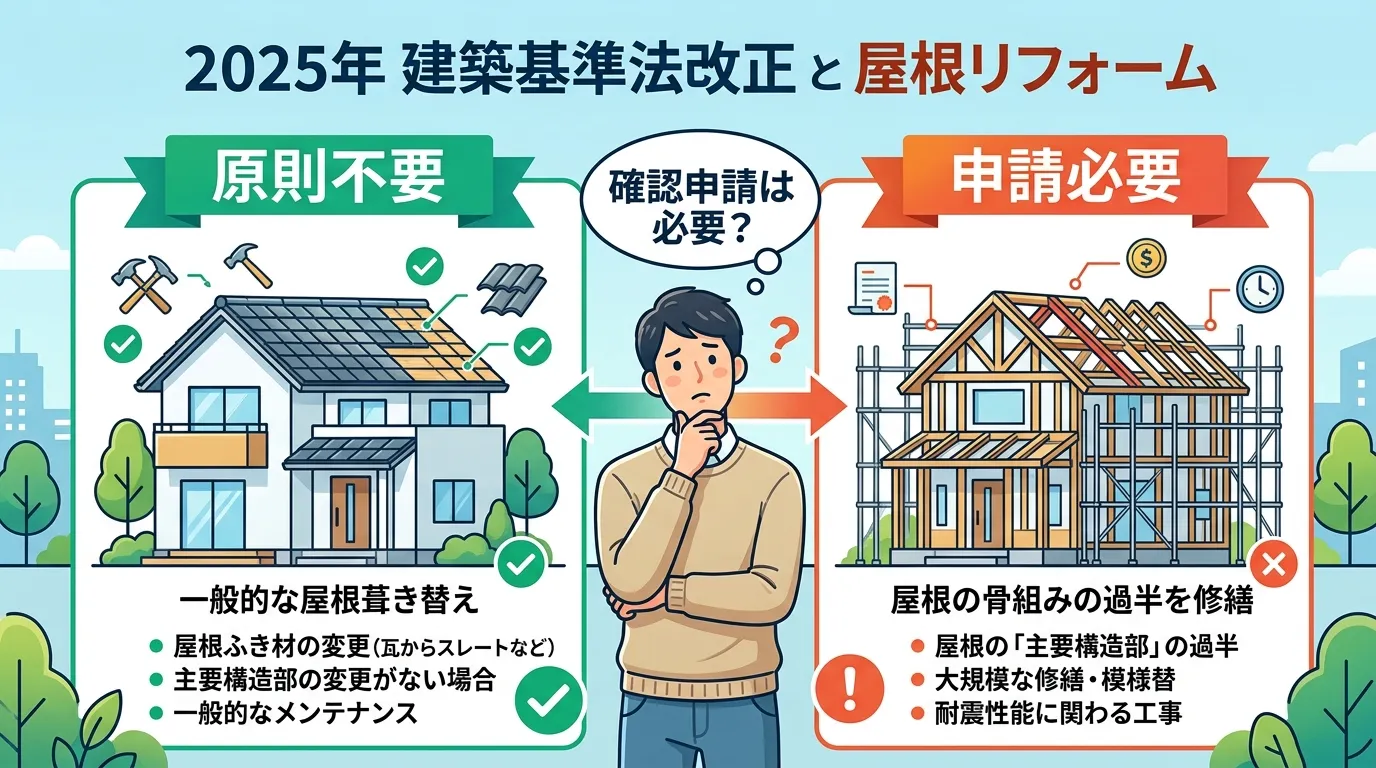 現代日本をベースに、日本人や日本の風景を使用すること, インフォグラフィック、「2025年建築基準法改正と屋根リフォーム」。中央に「確認申請は必要?」と悩む人物。左側に「一般的な屋根葺き替え」のイラス