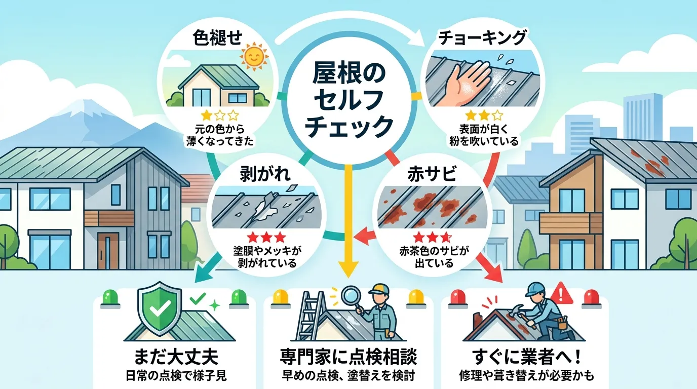 現代日本をベースに、日本人や日本の風景を使用すること, ガルバリウム屋根の劣化診断をテーマにしたインフォグラフィック。「屋根のセルフチェック」というタイトルを中心に、「色褪せ」「チョーキング」「赤サビ