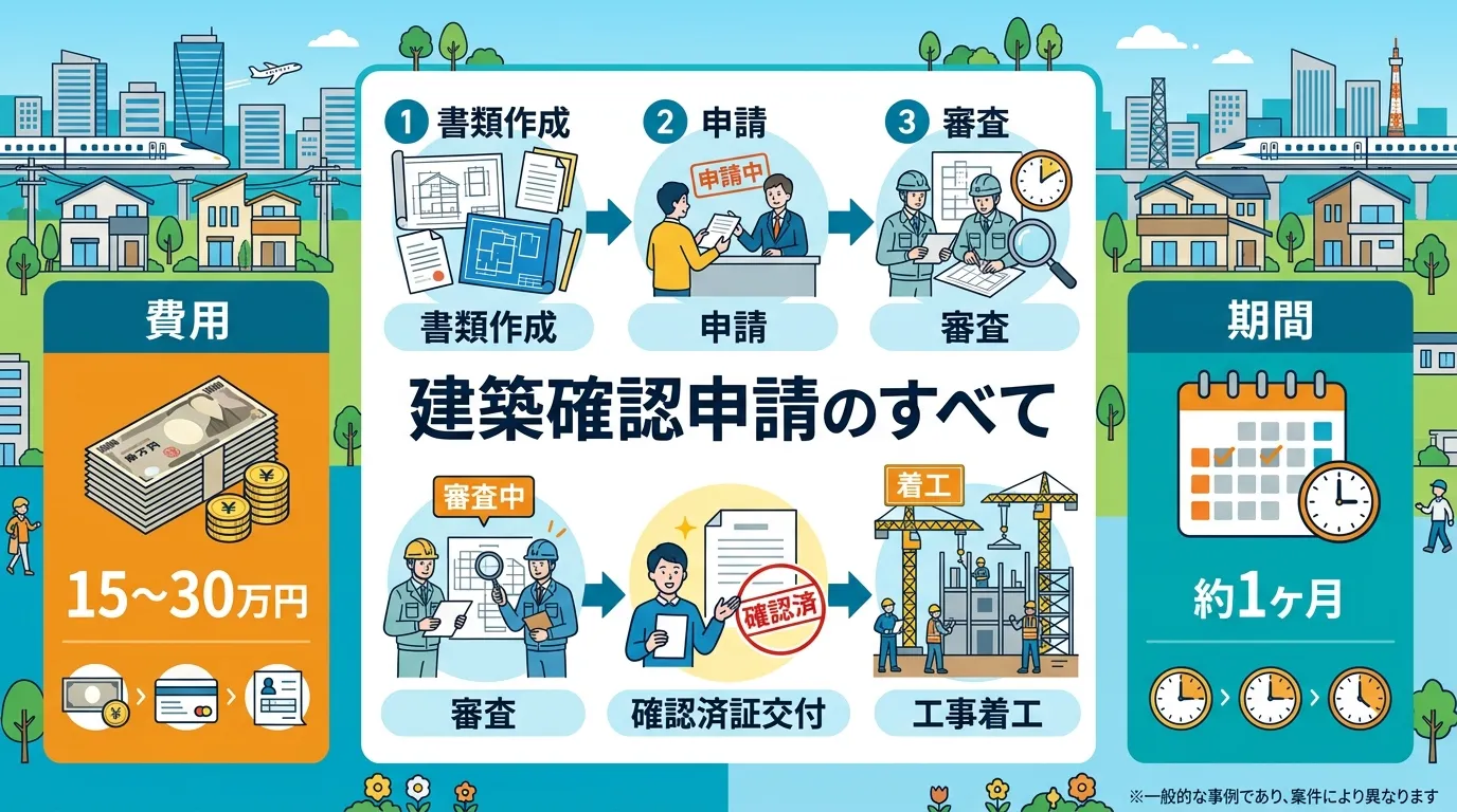 現代日本をベースに、日本人や日本の風景を使用すること, 「建築確認申請の流れ」を解説するインフォグラフィック。中央に「建築確認申請のすべて」とタイトルを配置。内容は「手続きの流れ」「費用」「期間」の3