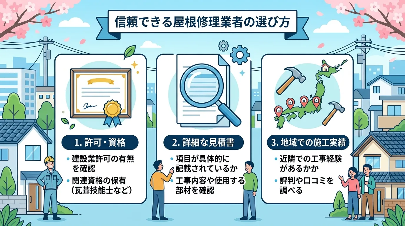 現代日本をベースに、日本人や日本の風景を使用すること, 「信頼できる屋根修理業者の選び方」というタイトルのインフォグラフィック。中央にタイトルを配置し、3つのチェックポイントをアイコン付きで分かりやす