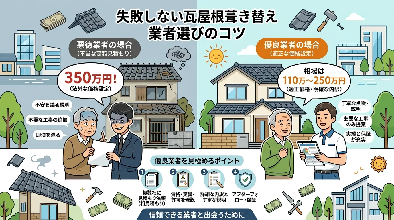 現代日本をベースに、日本人や日本の風景を使用すること, 瓦屋根の葺き替え工事をテーマにしたインフォグラフィック。左側に悪徳業者から「350万円！」という高額見積もりを見せられ不安な家主、右側に優良業者