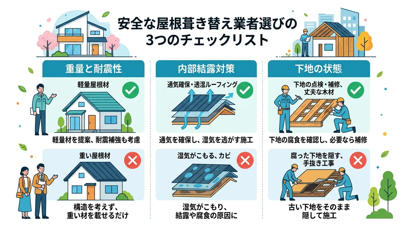 現代日本をベースに、日本人や日本の風景を使用すること, インフォグラフィック「安全な屋根葺き替え業者選びの3つのチェックリスト」。フラットデザインのデジタルイラストで、中央にタイトルを配置。その下に「