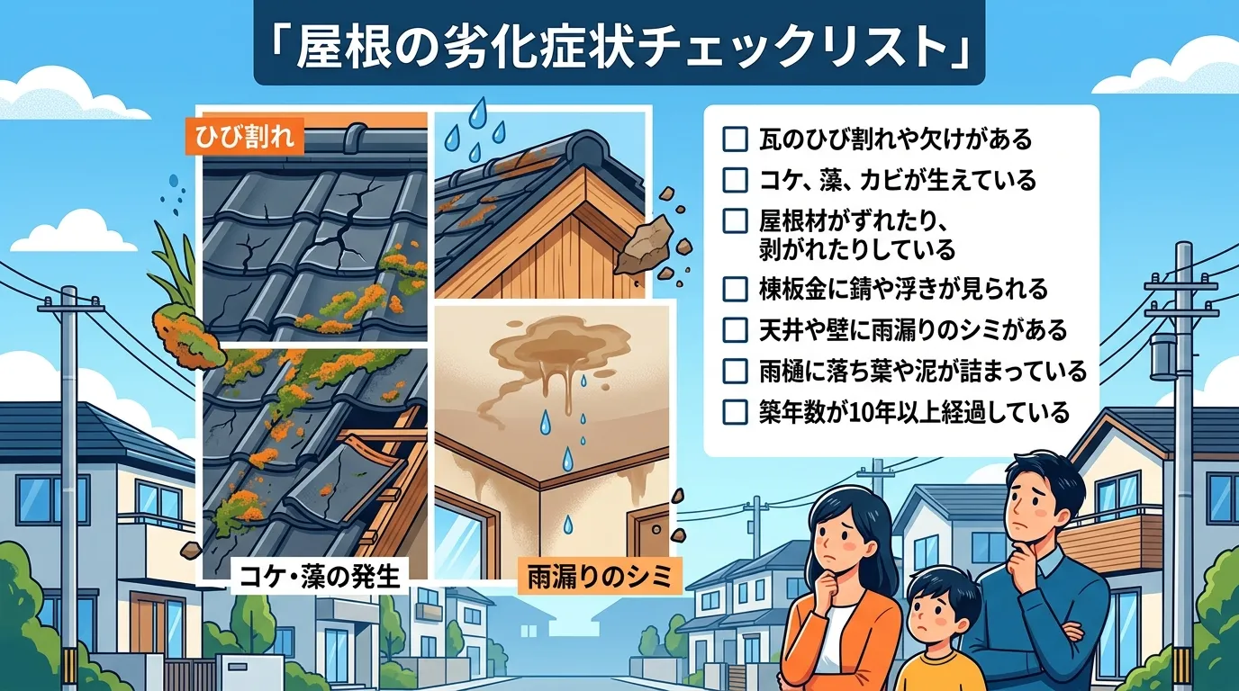 チェックリストの導入部分に、屋根の劣化症状（ひび割れ、コケ、雨漏りのシミなど）をコラージュしたイメージ画像]