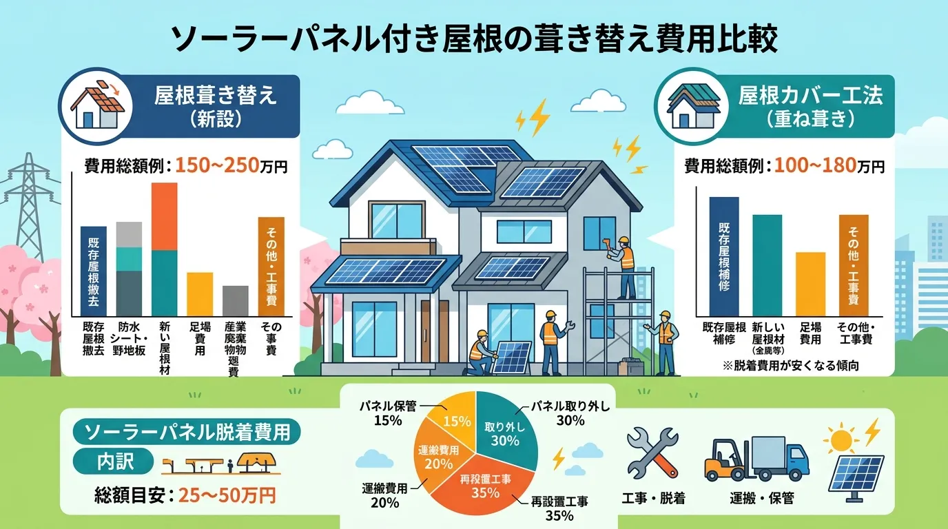 現代日本をベースに、日本人や日本の風景を使用すること, 「ソーラーパネル付き屋根の葺き替え費用」をテーマにしたインフォグラフィック。中央に家のイラストを配置し、左に「屋根葺き替え」、右に「屋根カバー工