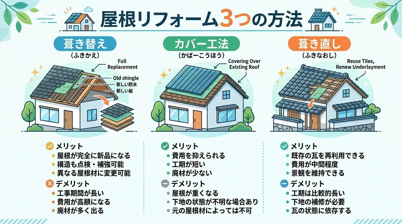 現代日本をベースに、日本人や日本の風景を使用すること, 「屋根リフォーム3つの方法」というタイトルの比較インフォグラフィック。フラットなデジタルイラストで、「葺き替え」「カバー工法」「葺き直し」を横並