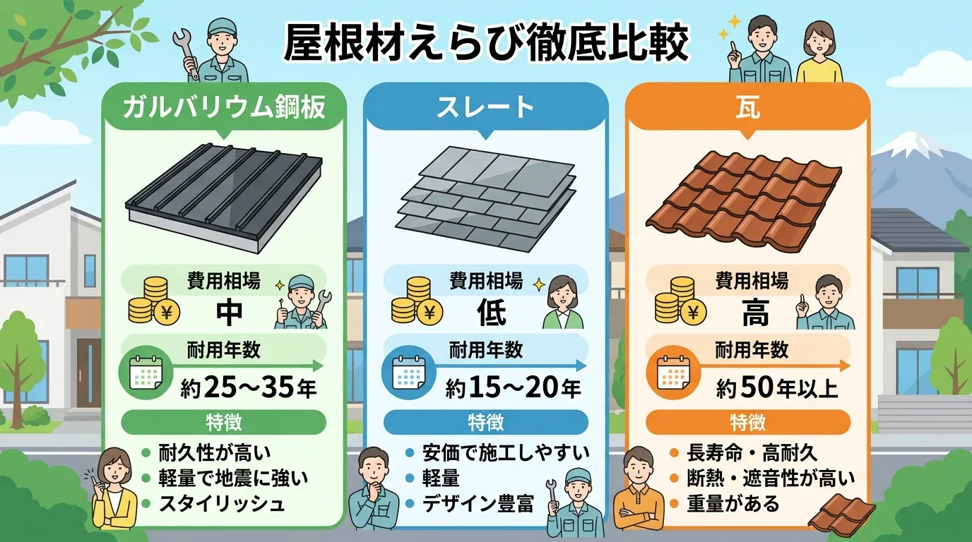 現代日本をベースに、日本人や日本の風景を使用すること, 屋根葺き替え工事の屋根材を比較するインフォグラフィック。明るく親しみやすいフラットデザインのイラストで、画面を3分割し「ガルバリウム鋼板」「スレ