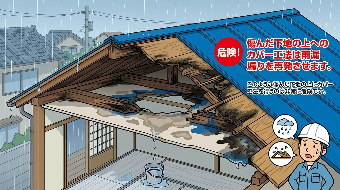 雨漏りによって腐食し、黒く変色したり穴が開いたりしている屋根下地（野地板）のリアルな写真。キャプション例：このような傷んだ下地の上にカバー工法を行うのは非常に危険です。]