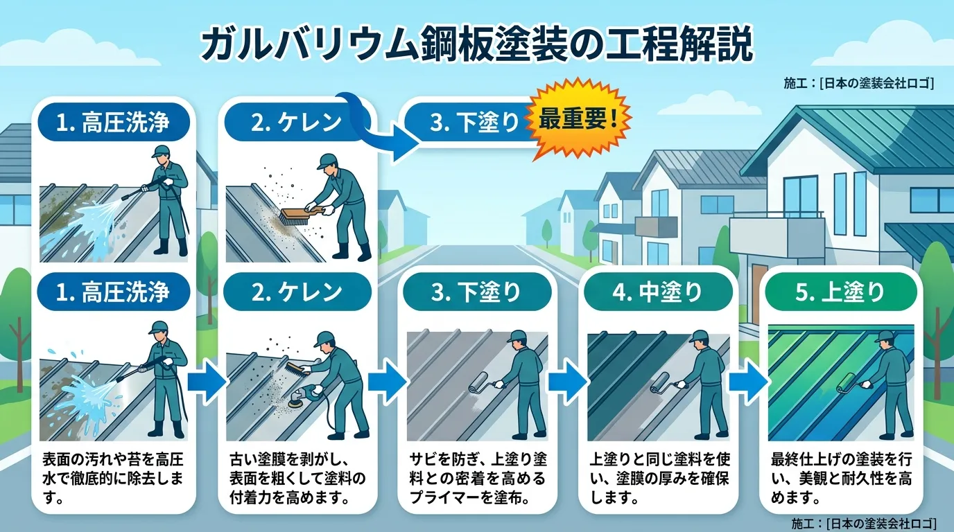 現代日本をベースに、日本人や日本の風景を使用すること, ガルバリウム鋼板の塗装工程を解説するインフォグラフィック。左から右へ「1.高圧洗浄」「2.ケレン」「3.下塗り」「4.中塗り」「5.上塗り」の5