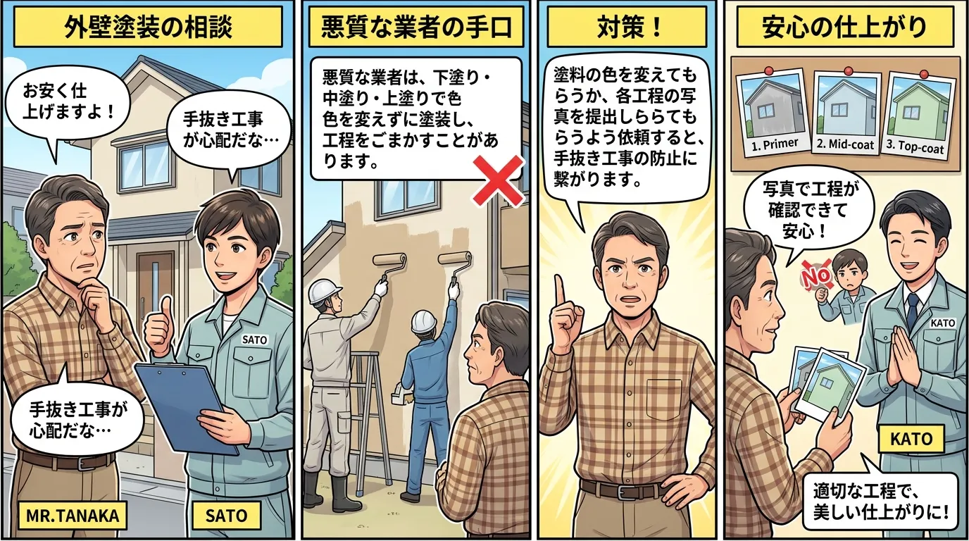 [ポイント: 悪質な業者は、下塗り・中塗り・上塗りで色を変えずに塗装し、工程をごまかすことがあります。塗料の色を変えてもらうか、各工程の写真を提出してもらうよう依頼すると、手抜き工事の防止に繋がります