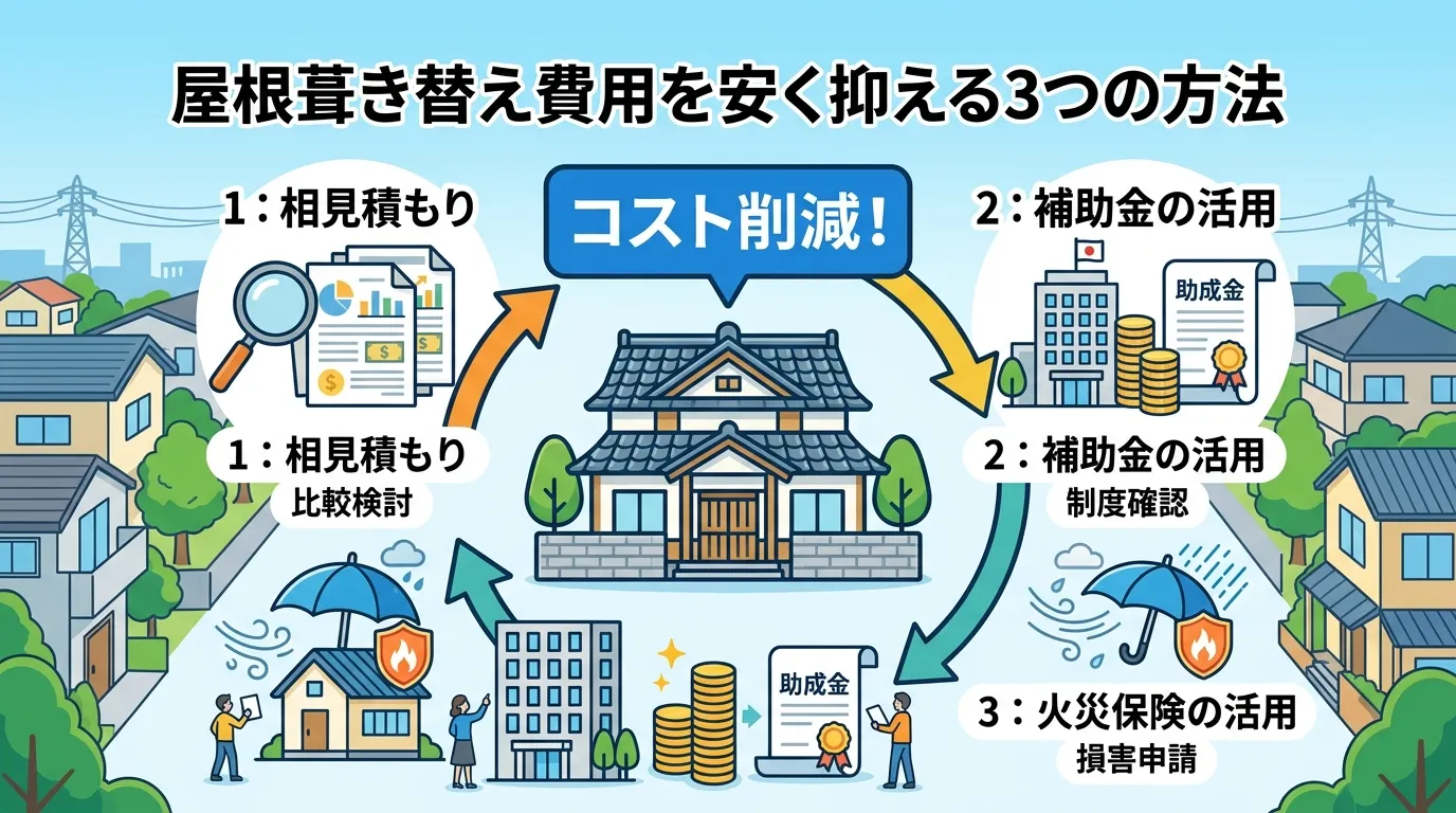 現代日本をベースに、日本人や日本の風景を使用すること, 「屋根葺き替え費用を安く抑える3つの方法」をテーマにしたインフォグラフィック。中央に「コスト削減!」と書かれた吹き出し付きの家のアイコンを配置。