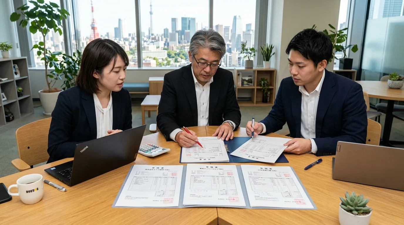 3社の見積書をテーブルに並べて比較検討しているイメージ写真。]