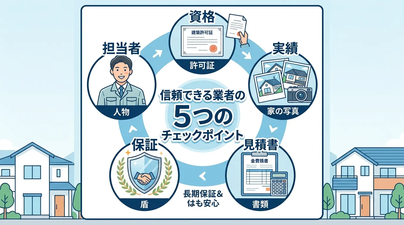現代日本をベースに、日本人や日本の風景を使用すること, 「失敗しない屋根業者選び」をテーマにしたインフォグラフィック。中央に「信頼できる業者の5つのチェックポイント」という日本語タイトルを配置。その周